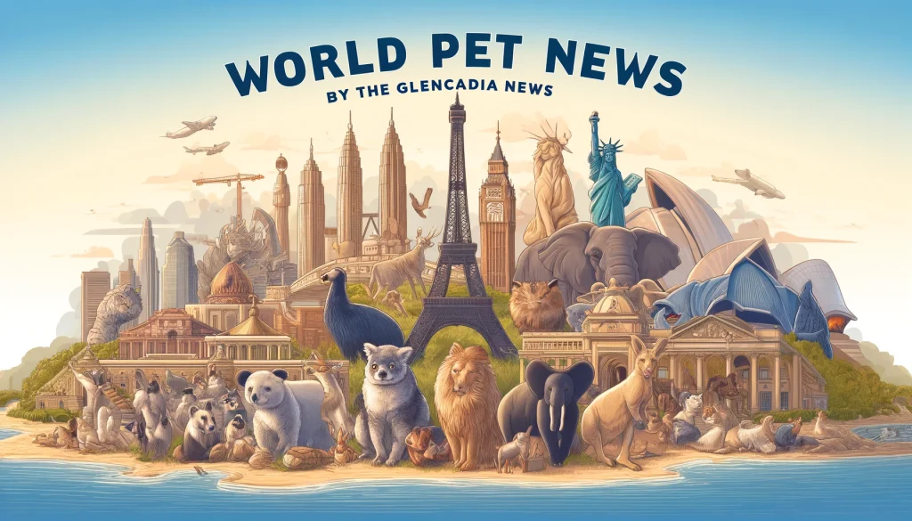 World Pet News by The Glencadia News Banner, Animals in the Foreground with Iconic World Landmarks in the Background