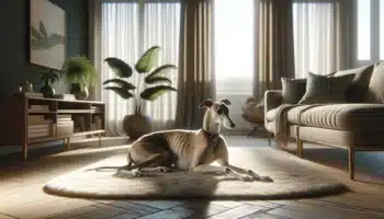 DALL·E 2024 02 28 11.04.23 A serene living room with soft natural lighting featuring a single Greyhound lying gracefully on a plush rug embodying calm and tranquility. The ro 350x200 1