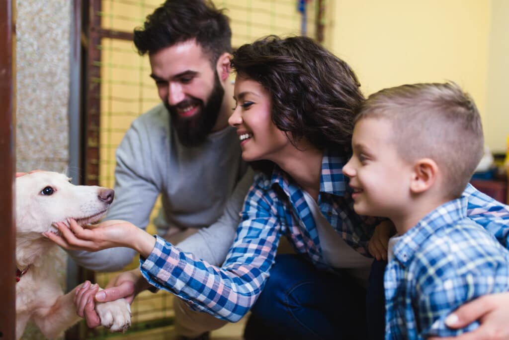 Happy family at animal shelter choosing a dog for adoption.