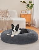 OhGeni Calming Donut Dog & Cat Bed, Machine Washable Plush Waterproof Zipper Cover, Anti-Slip Round Cuddle Comfort Pet Bed, Cozy Warming Fluffy Faux Fur Bed for Medium Large Dogs, Gray, 36 inches