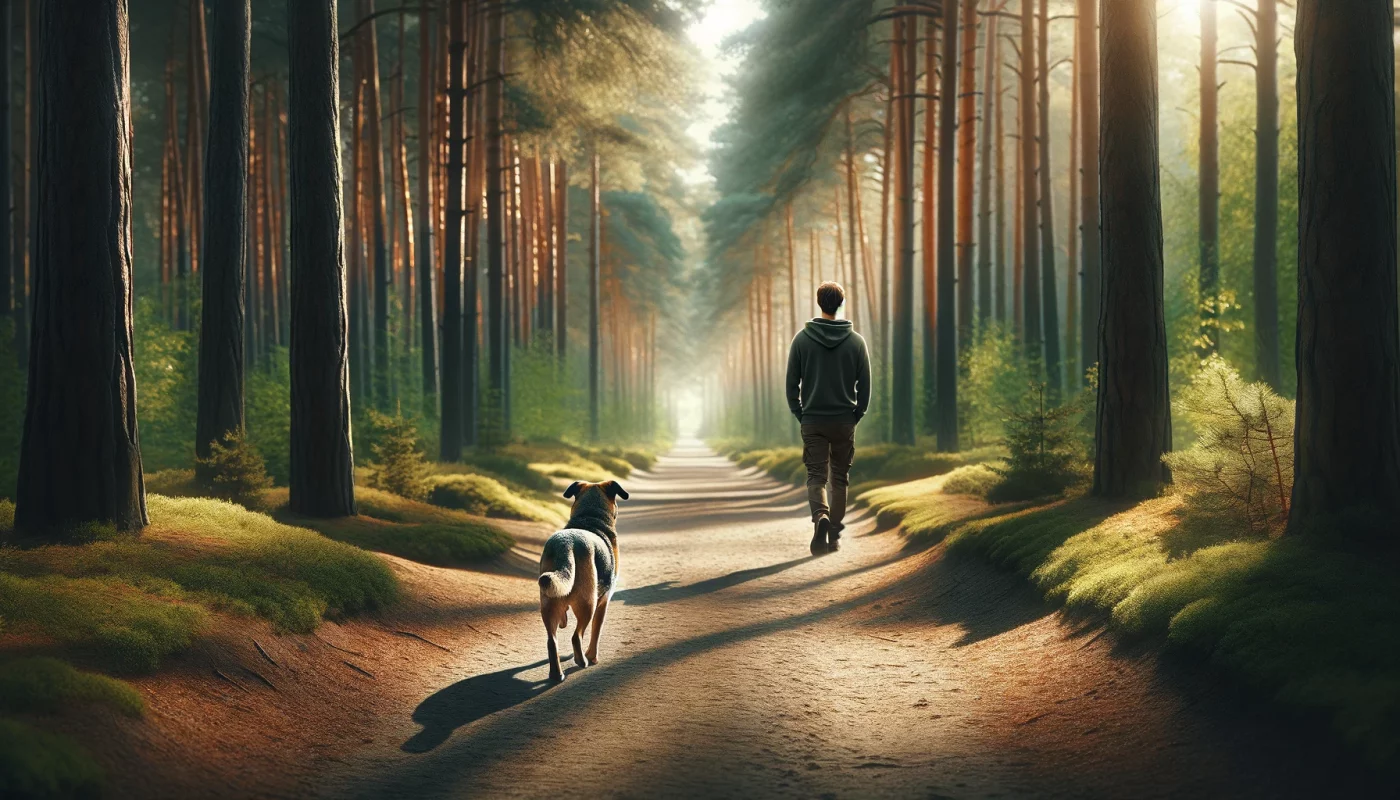 DALL·E 2024 03 26 15.18.29 Create a highly detailed and photorealistic image of a dog following their owner on a walking path through a forest. The owner is walking ahead visib 1400x800 1