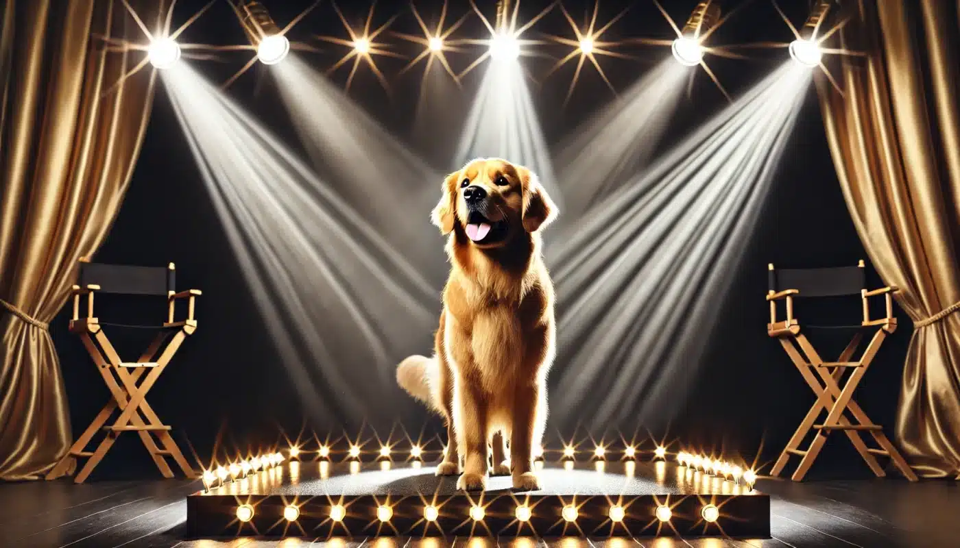 DALL·E 2024 11 15 12.39.48 A golden retriever standing confidently in a spotlight on a stage surrounded by a dark background that highlights the glowing light focused on the do 1400x800 1