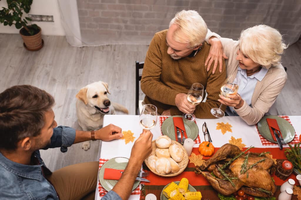 high angle view of golden retriever near family holding glasses of white wine during thanksgiving dinner