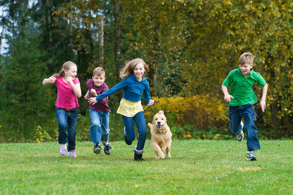 Group of kids racing with dog