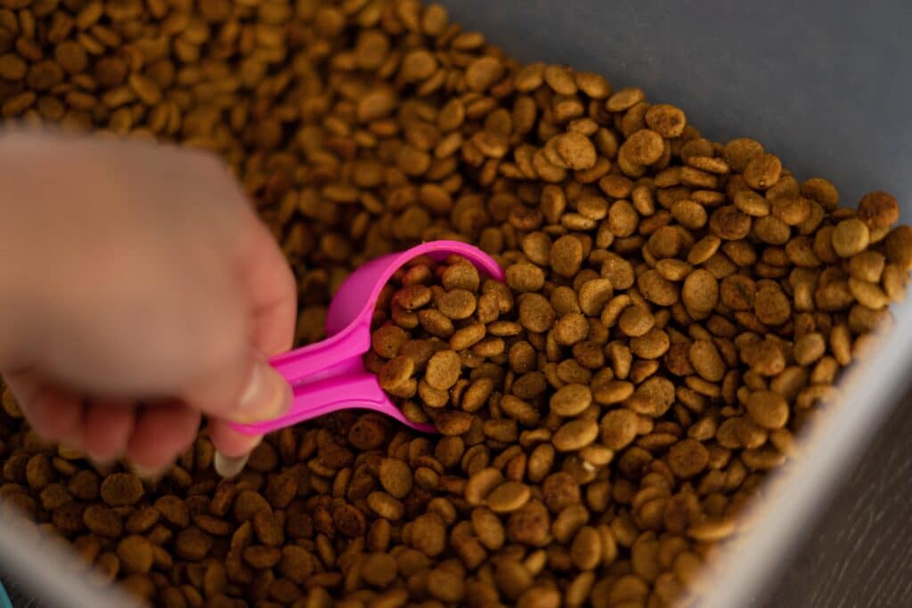 hand scooping up a portion of brown dog food kibble with a small bright pink measuring cup spoon 1024x683 1