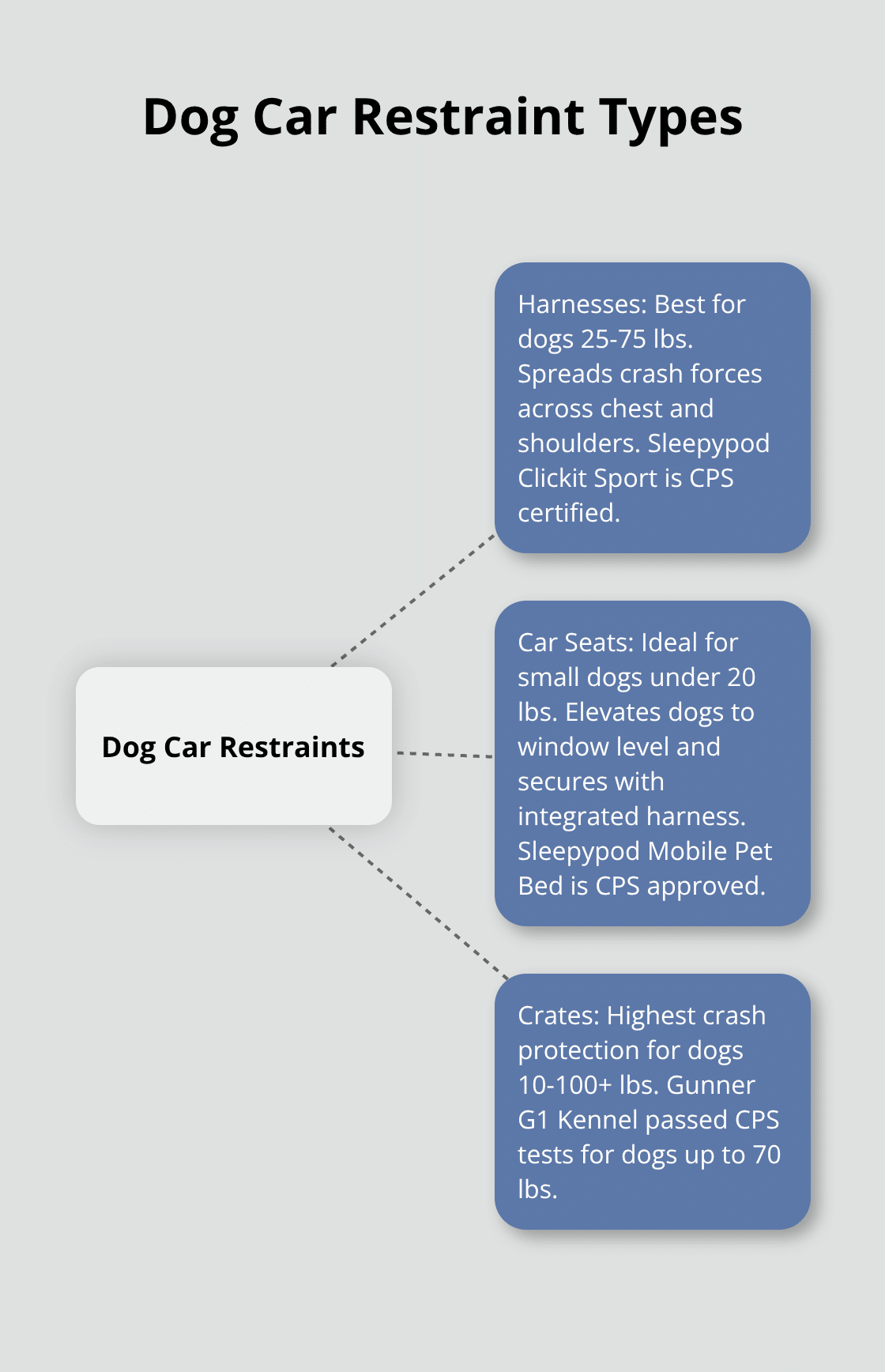 Chart showing different types of dog car restraints: harnesses, car seats, and crates, with their ideal use cases - dog car safety seat belt
