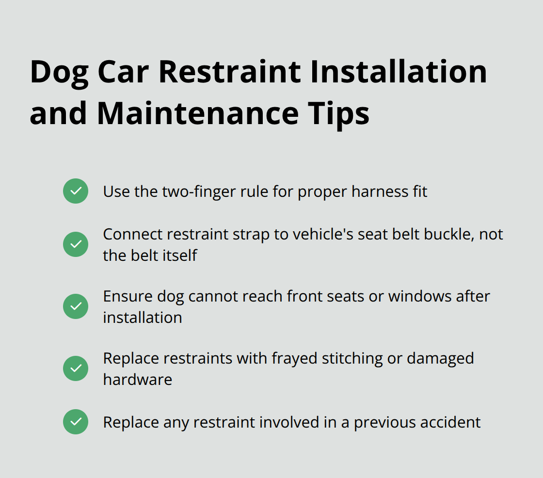 Checkmark list of five important tips for proper installation and maintenance of dog car restraints - dog car safety seat belt
