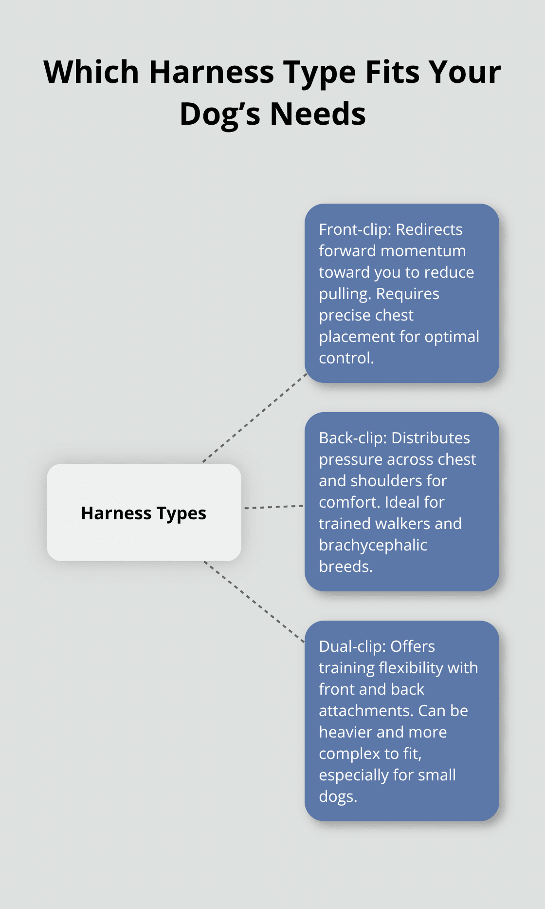 Visual guide to front-clip, back-clip, and dual-clip harness use cases