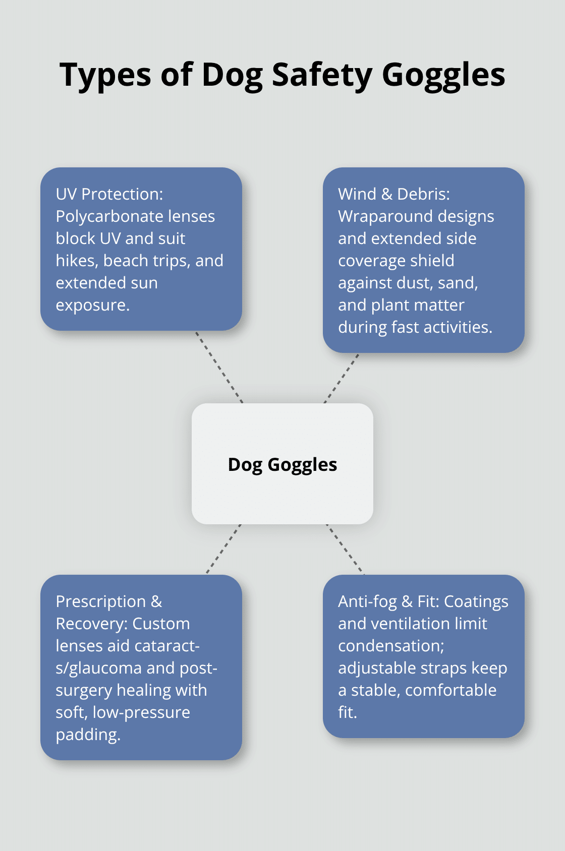 Infographic showing main types of dog goggles and their uses. - dog safety goggles