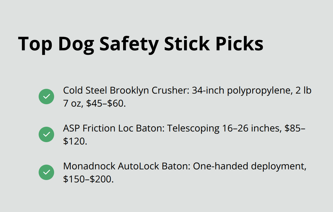Checkmark list highlighting top dog safety stick models with key specs and prices.