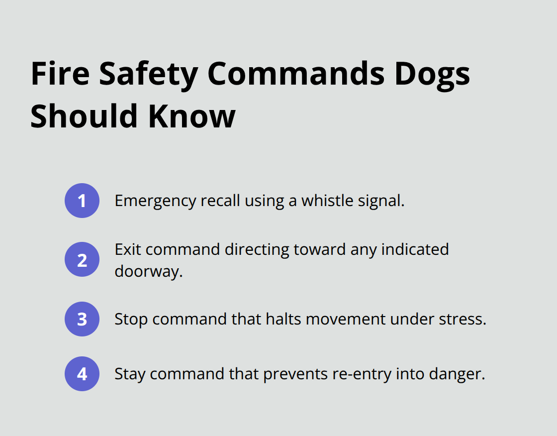 Compact list of essential fire safety commands for dogs: emergency recall, exit, stop, and stay.