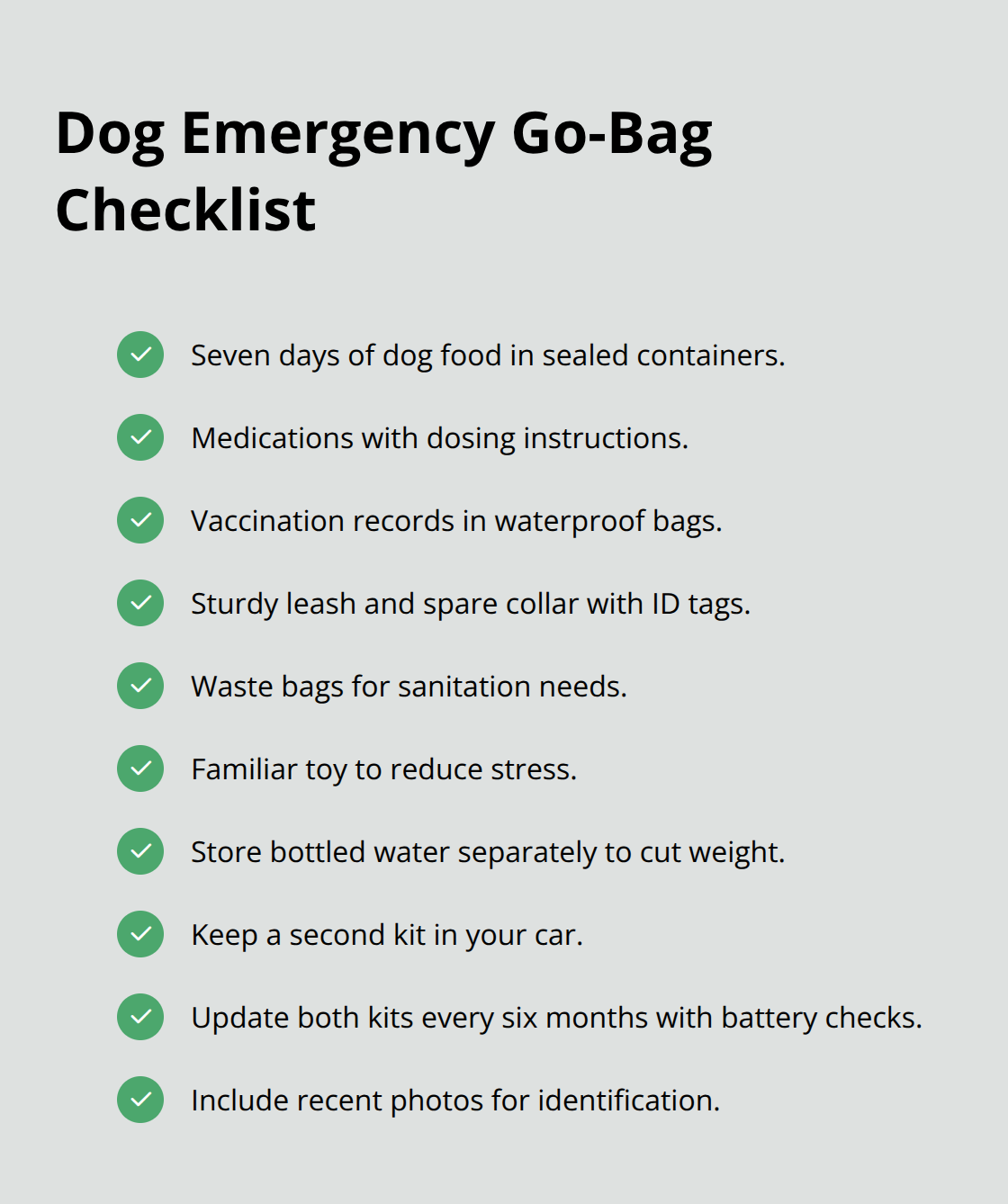 Checkmark list showing the essential items and upkeep for a dog emergency kit. - fire safety dog