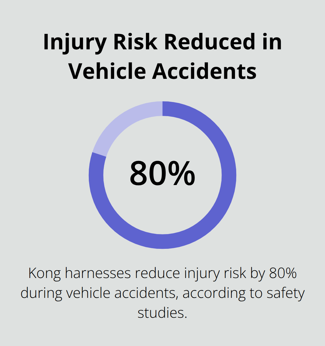 Chart showing an 80% reduction in injury risk during vehicle accidents with Kong harnesses. - kong safety dog harness