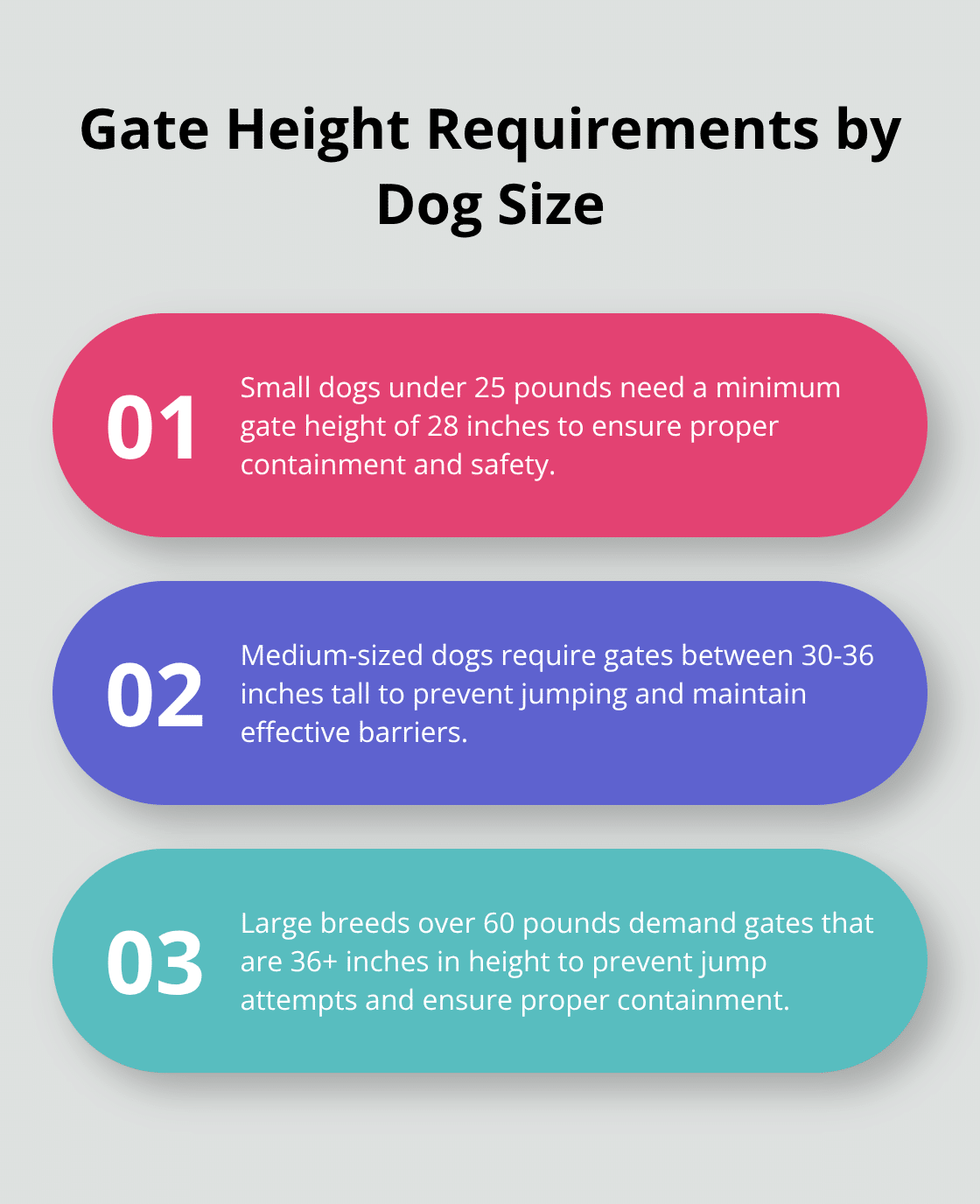 Ordered list showing gate height requirements for small, medium, and large dogs