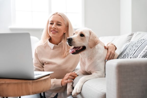 a woman with her labrador retriever dog using a laptop Pixel Shot Shutterstock 600x400 1