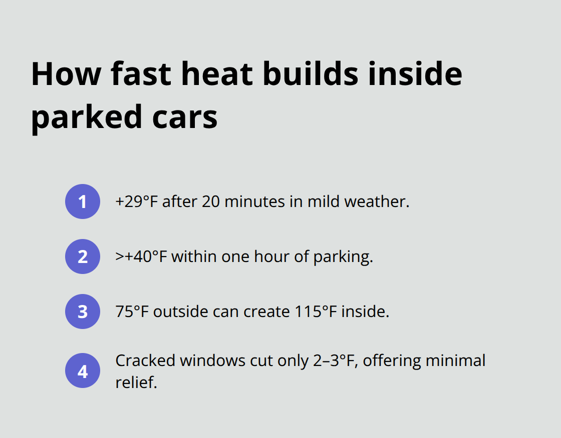 Key temperature rise benchmarks inside vehicles within minutes - car temperature dog safety chart