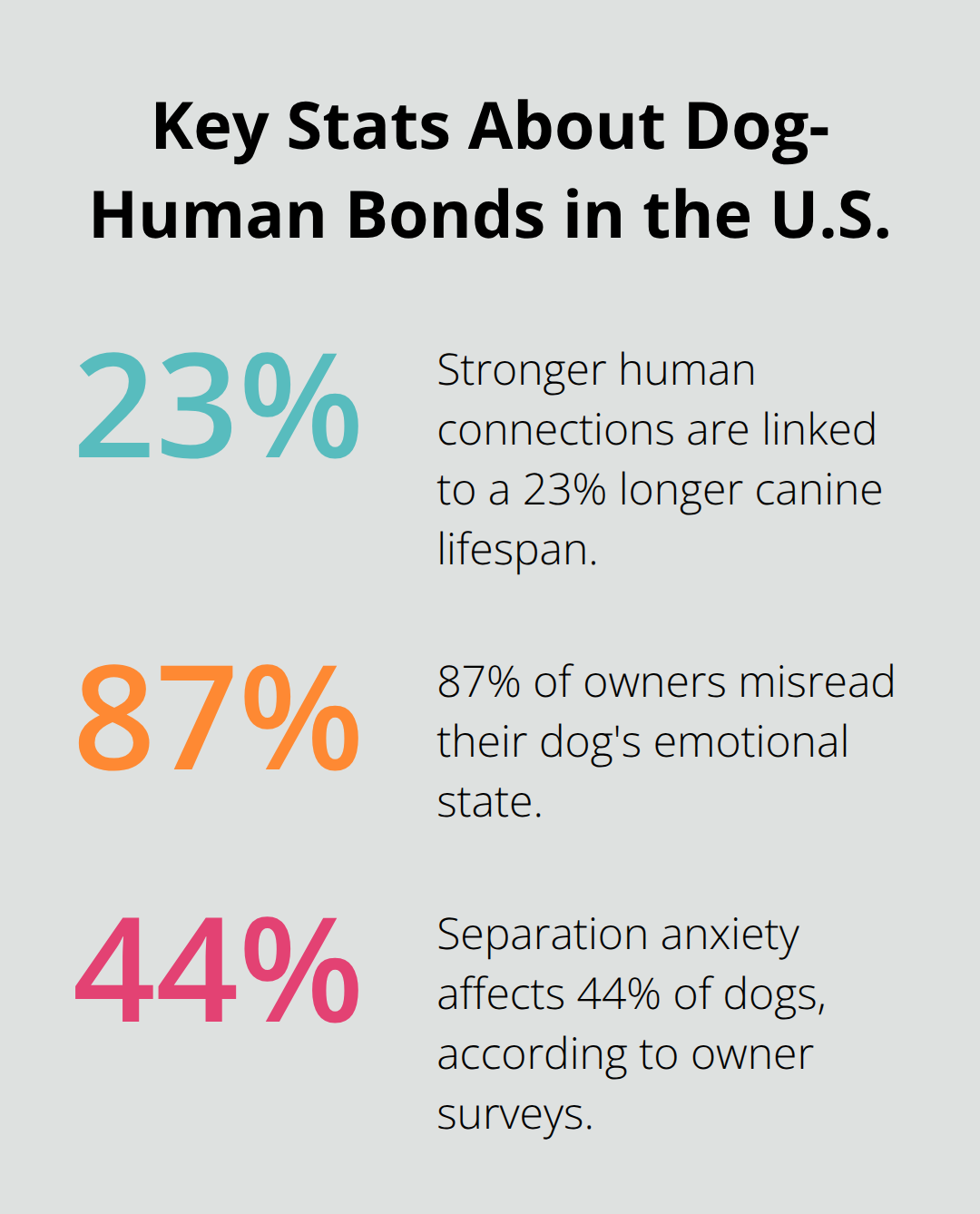 Three statistics on longevity, communication misreads, and separation anxiety among U.S. dogs and owners.