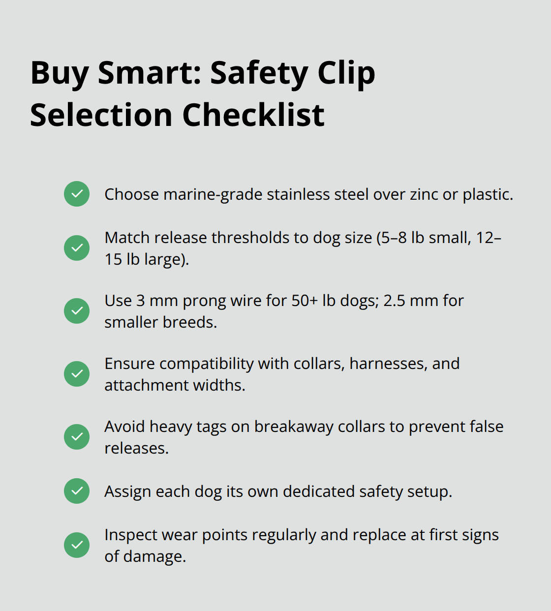 Checkmarked list of key factors to choose the right dog safety clip