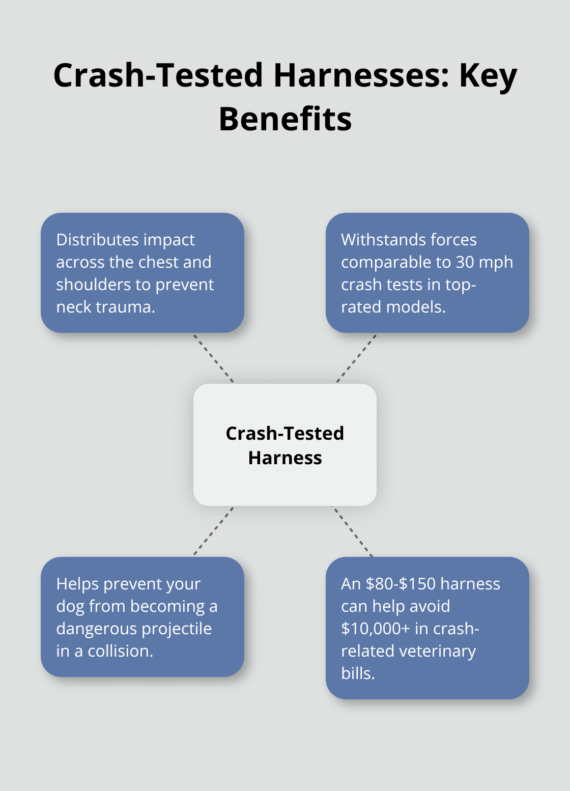 Visual summary of why crash-tested dog harnesses outperform standard seat belts for car travel