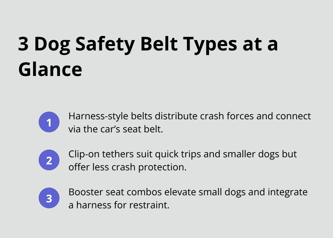 Summary of harness, clip-on, and booster seat options for dog car safety - free dog safety belt