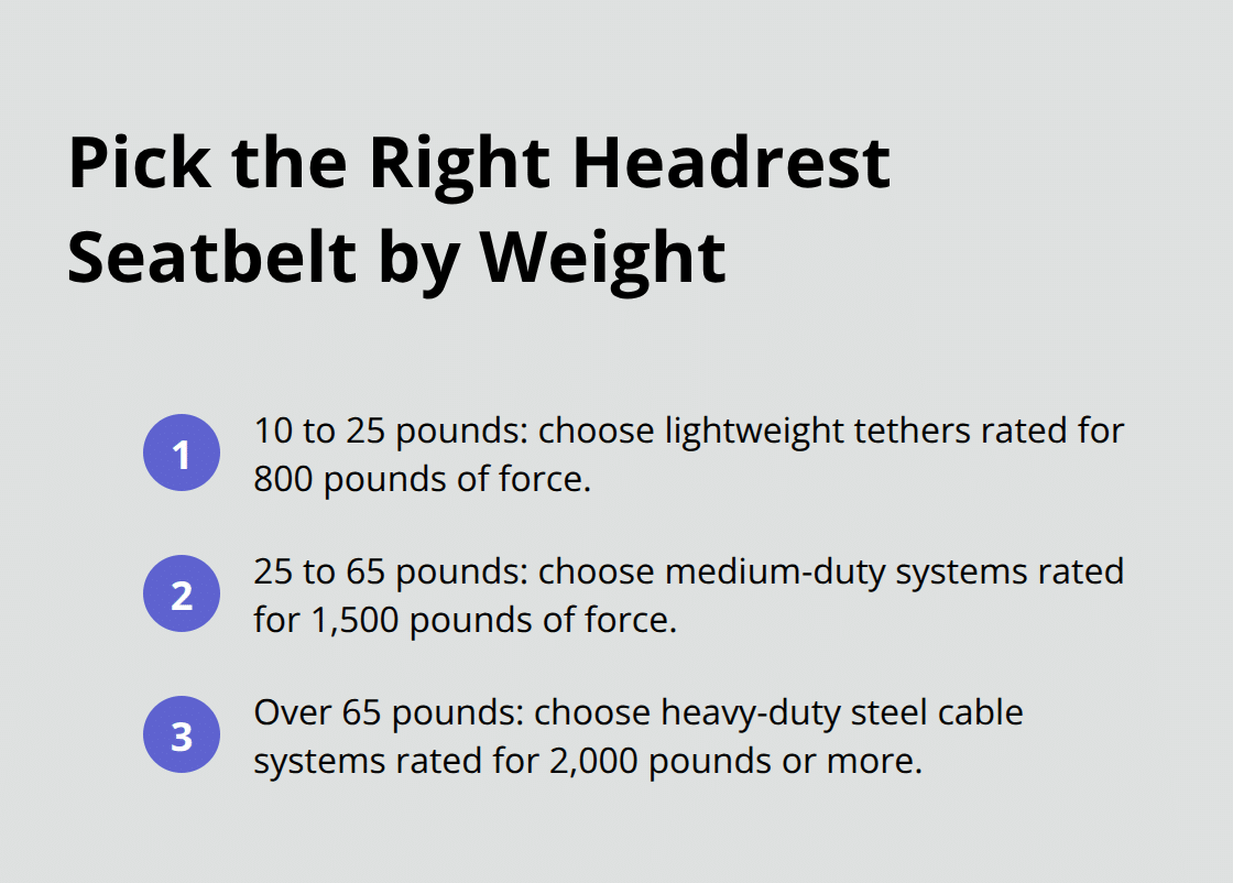 Compact list mapping dog weight ranges to recommended headrest seatbelt force ratings. - headrest car dog safety seatbelt