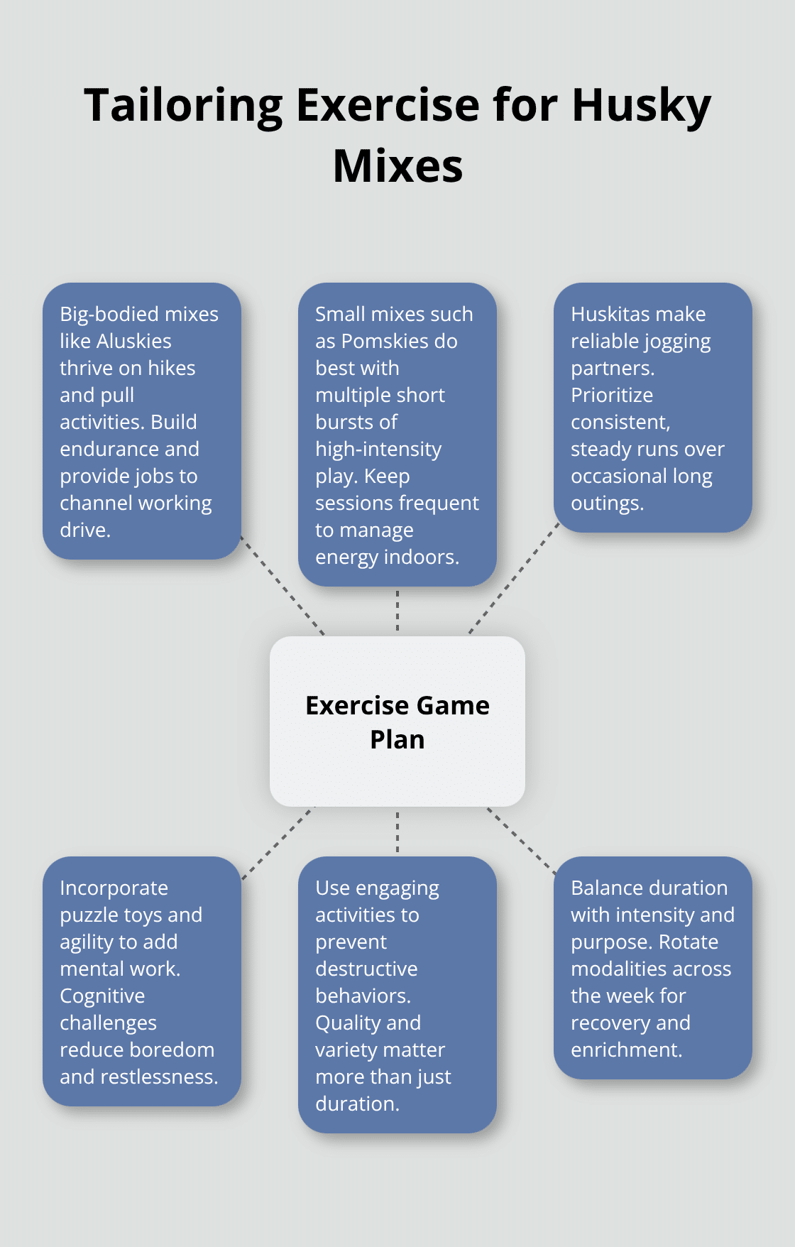 Visual guide showing ideal exercise types for different husky mixes
