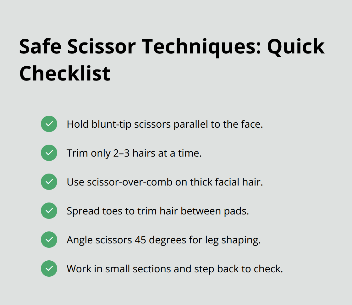 How to Use Safety Scissors for Dog Grooming at Home 5 Checklist of safe scissor techniques for eyes, paws, legs, and overall control during dog grooming.