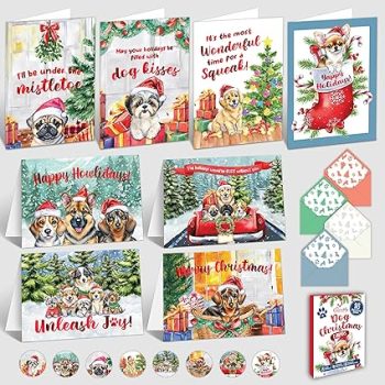 Decorably 16 Pack Foiled 5x7in Dog Christmas Cards 