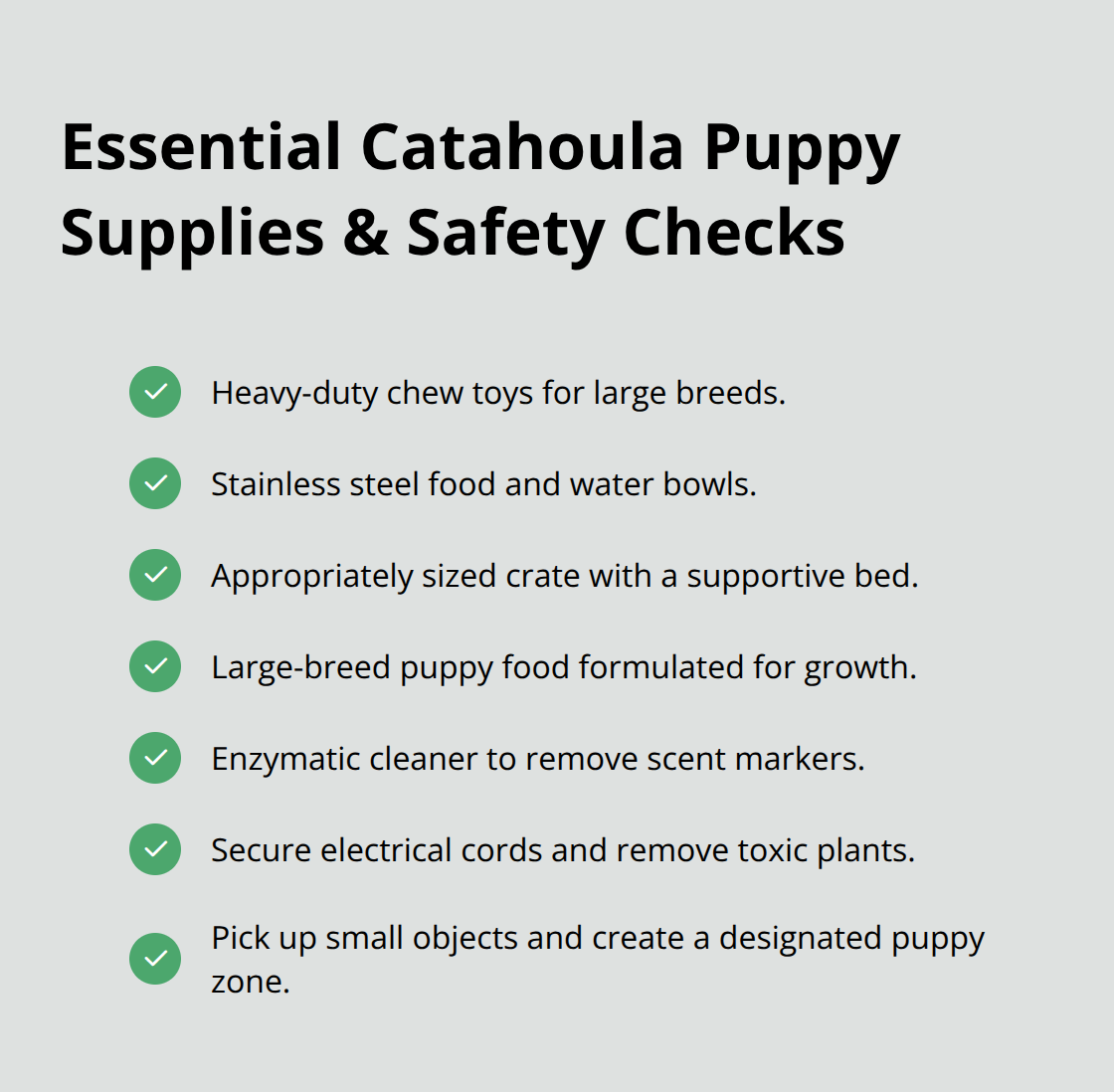 Checklist of supplies and puppy-proofing tasks for a Catahoula puppy