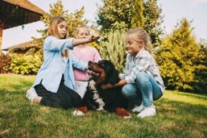 cute girl sitting with dog lawn 1 350x233 1