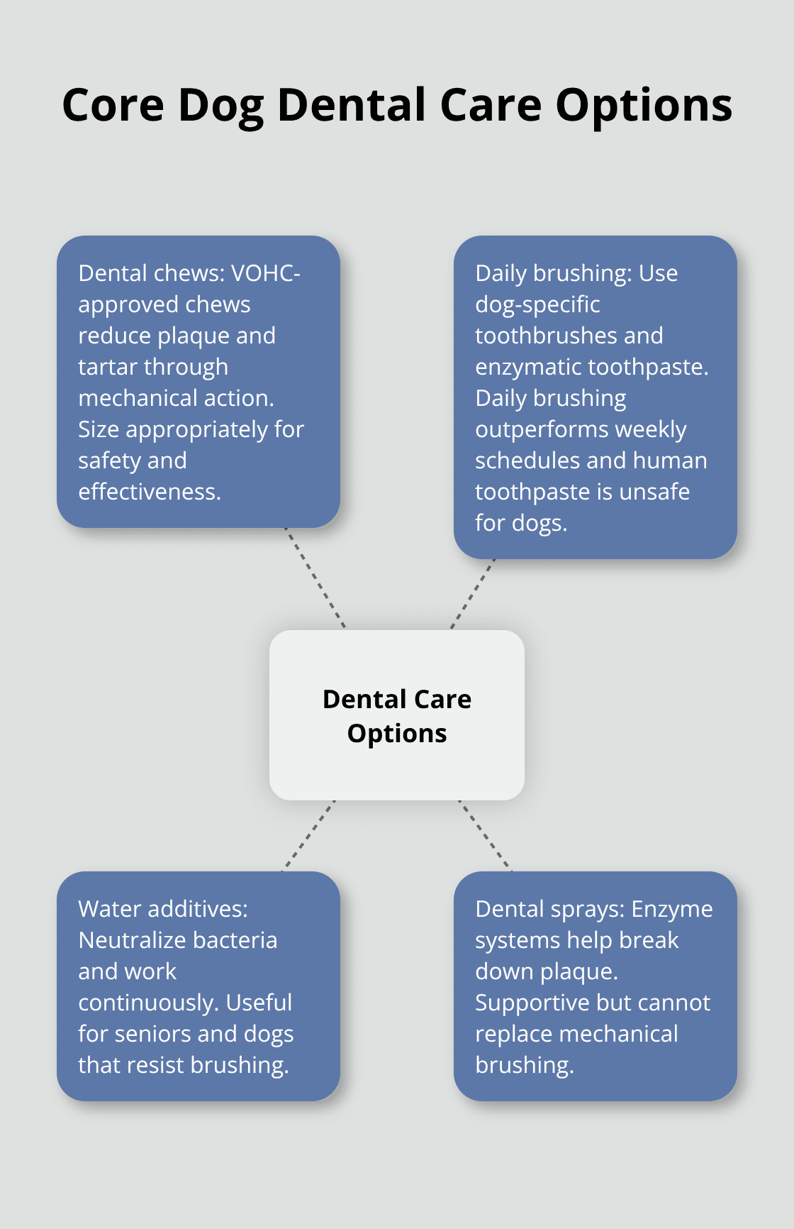 Hub-and-spoke showing key dog dental care options and how they help - dog dental care product