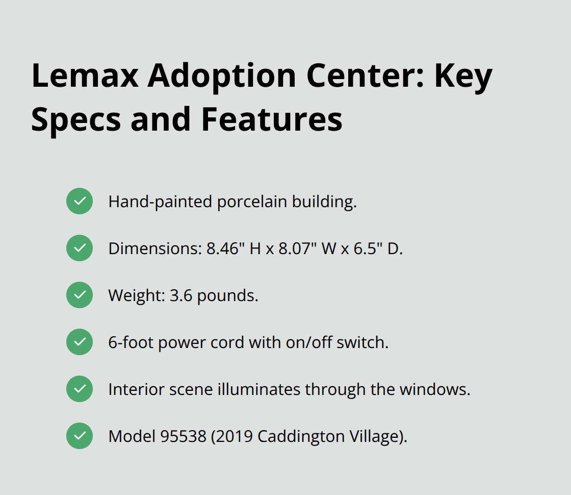 Quick-reference specs and standout features of the Lemax Puppy and Kitty Adoption Center.