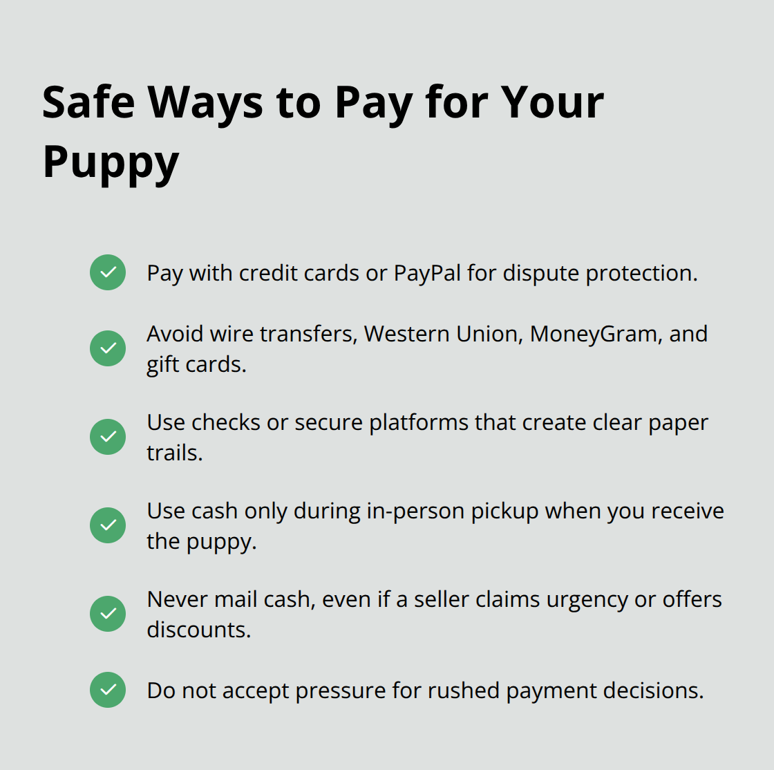 Checkmark list of safe payment practices for puppy purchases
