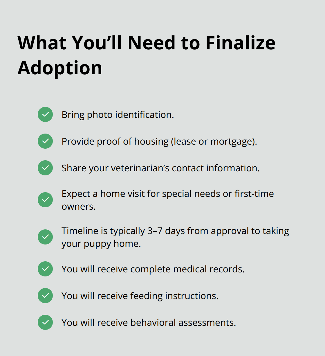 How to Adopt a Puppy from Bowl 2023 Event 5 Checkmark list of documents, steps, and items provided at adoption completion - puppy bowl 2023 adoption